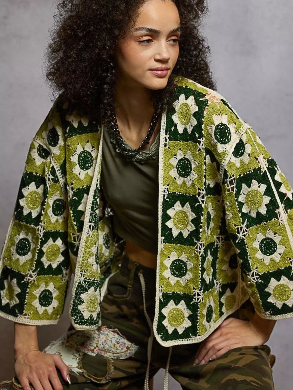 NWOT POL One Size  Green Crochet Floral Granny Square Cardigan